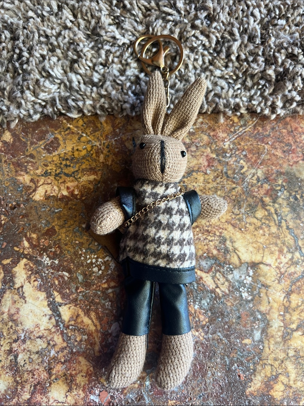 Tan Knit Bunny Keychain with Houndstooth Sweater